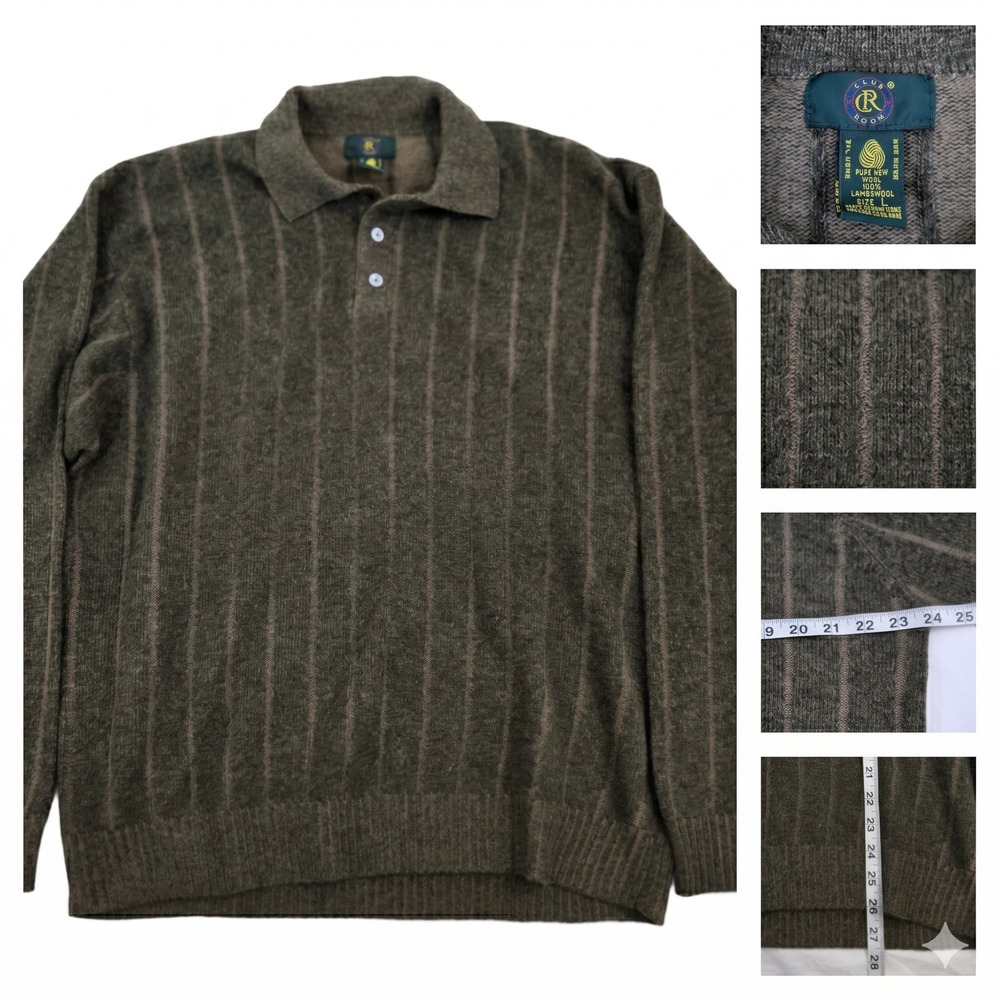 Club Room VNTG Lambswool Sweater Mens Large Brown Striped Polo Made In Hong Kong